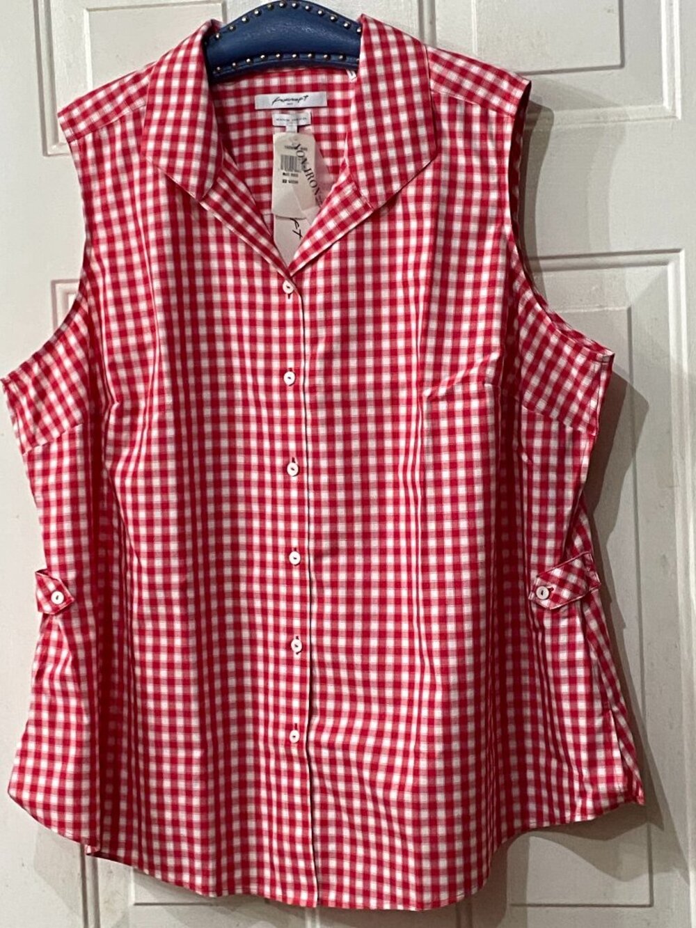 NWT Foxcroft No-iron Sz 22W Blouse Button Up Sleeveless Red/White Gingham